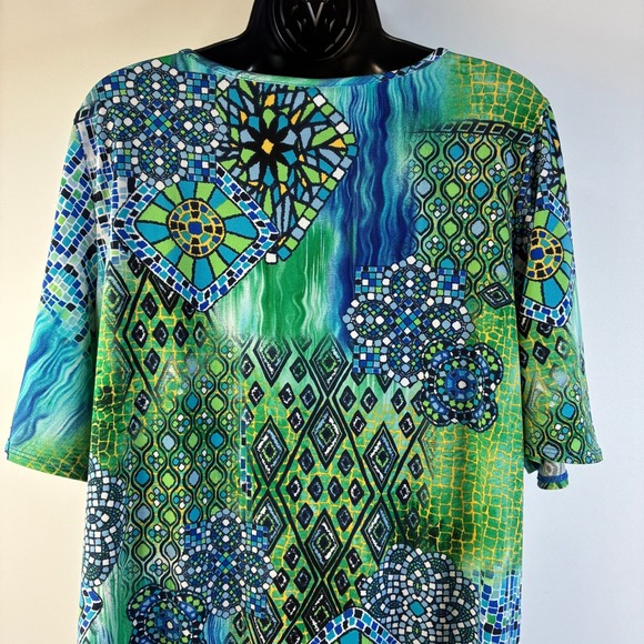 Susan Graver Women Large Green Blue Mosaic Geometric Tunic Top Split Sleeve Ring - Picture 14 of 16